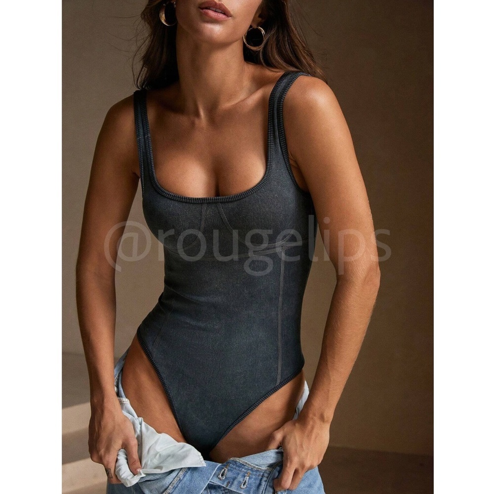 Grey Slim Fit Bodysuit Decorative Stitches